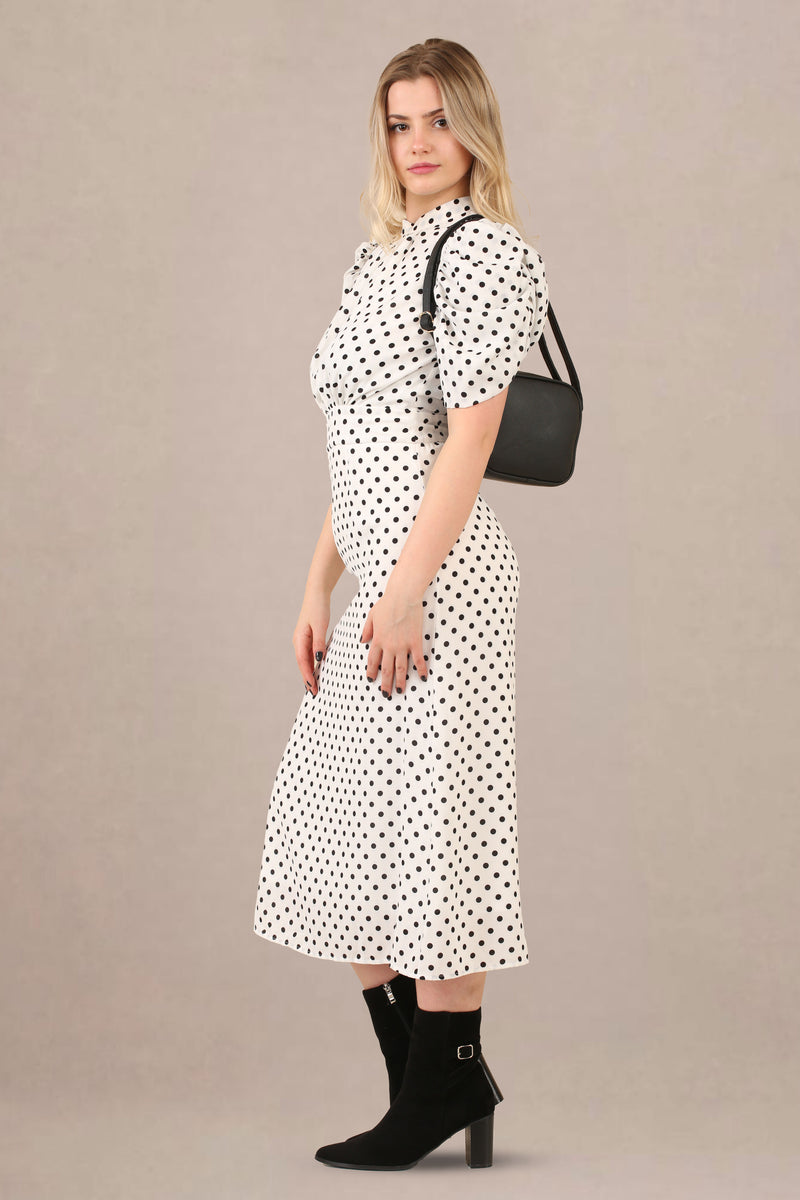 Vintage-Inspired Puff Sleeves Polka Dot Midi Dress