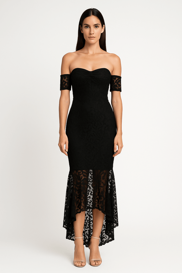 Fishtail Style Hem Off Shoulder Slim Fit Lace Midi Dress