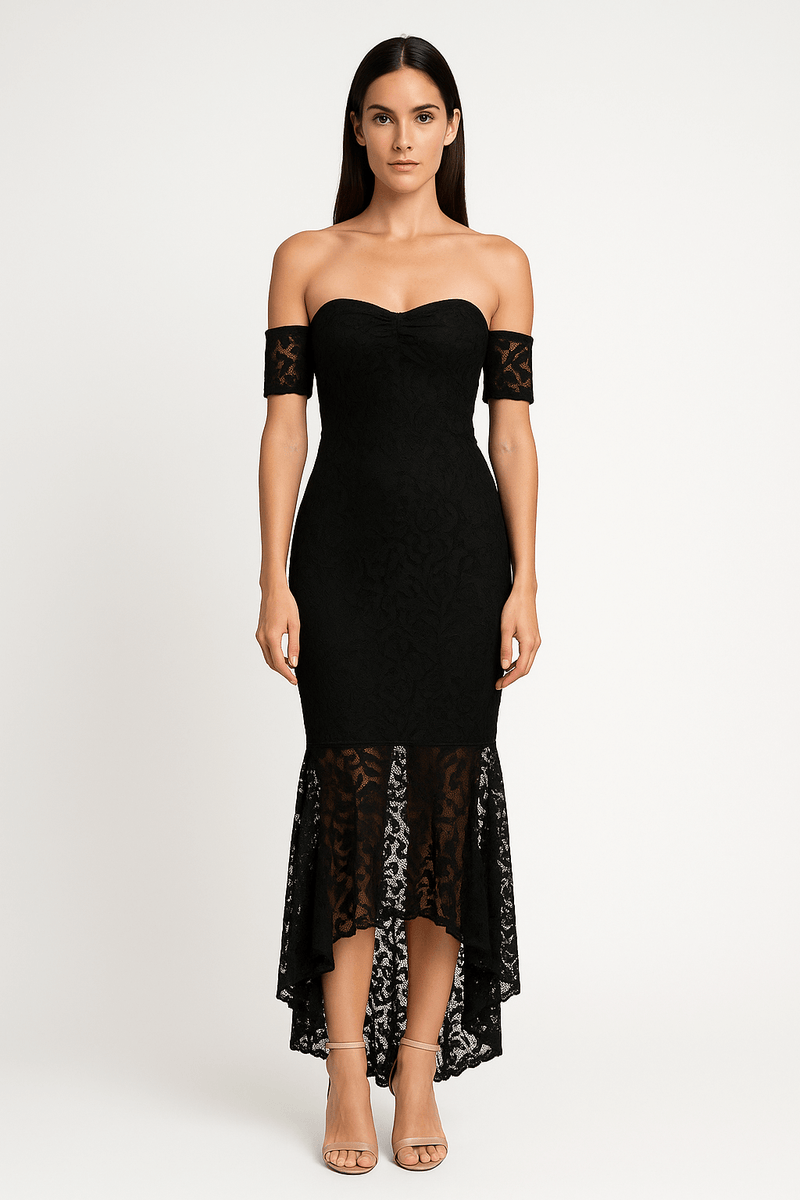 Fishtail Style Hem Off Shoulder Slim Fit Lace Midi Dress