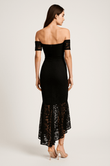 Fishtail Style Hem Off Shoulder Slim Fit Lace Midi Dress