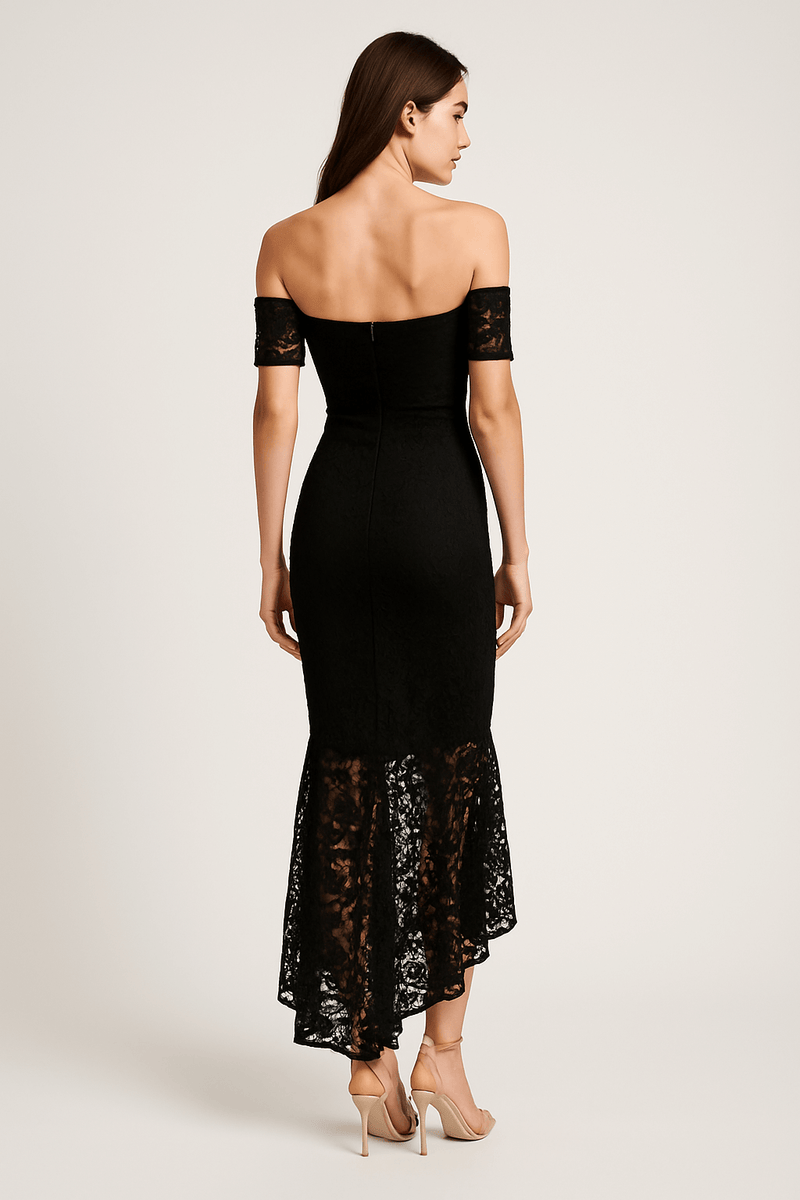Fishtail Style Hem Off Shoulder Slim Fit Lace Midi Dress