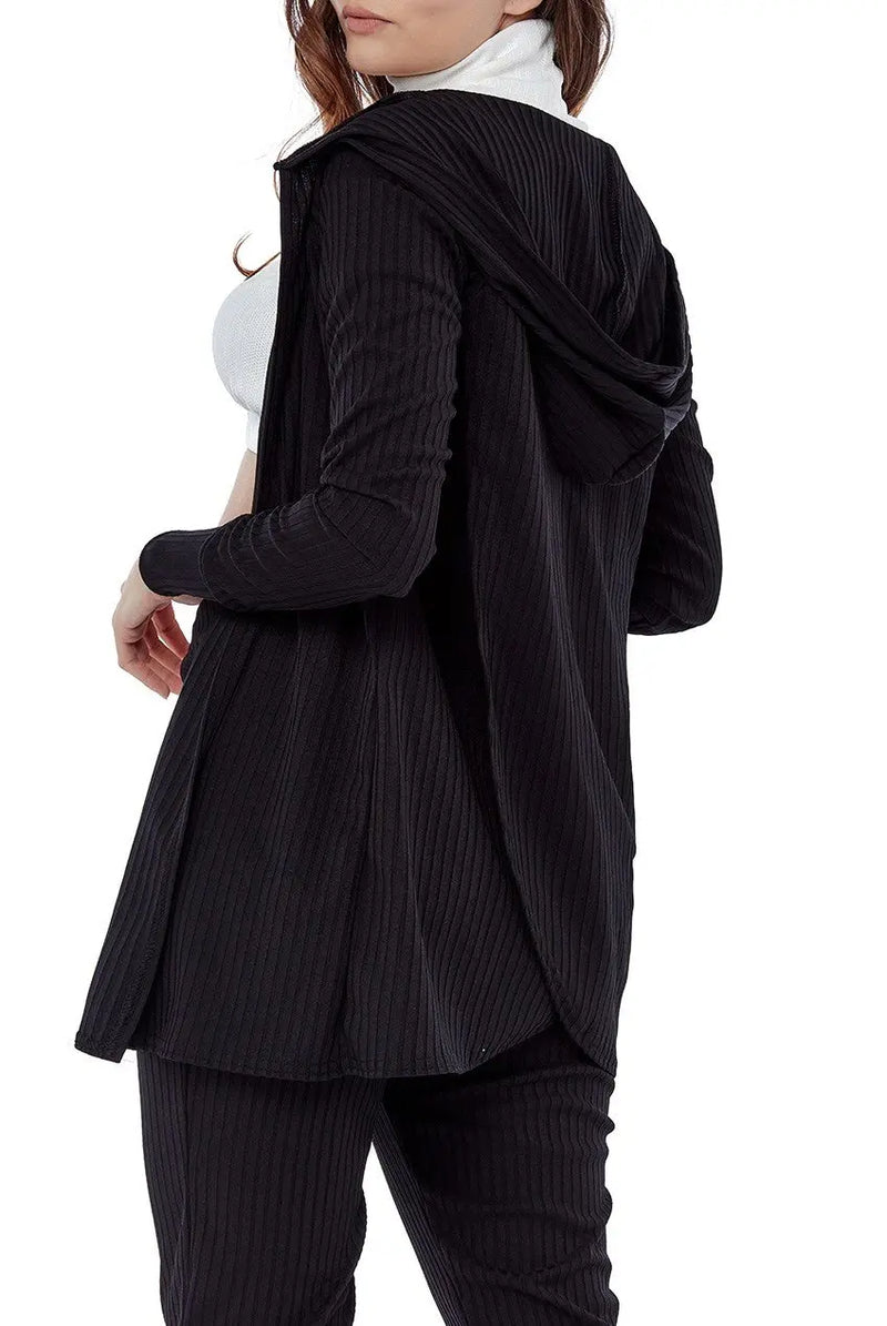 Black Ribbed Loungewear Set with Hoodie Cardigan and Leggings