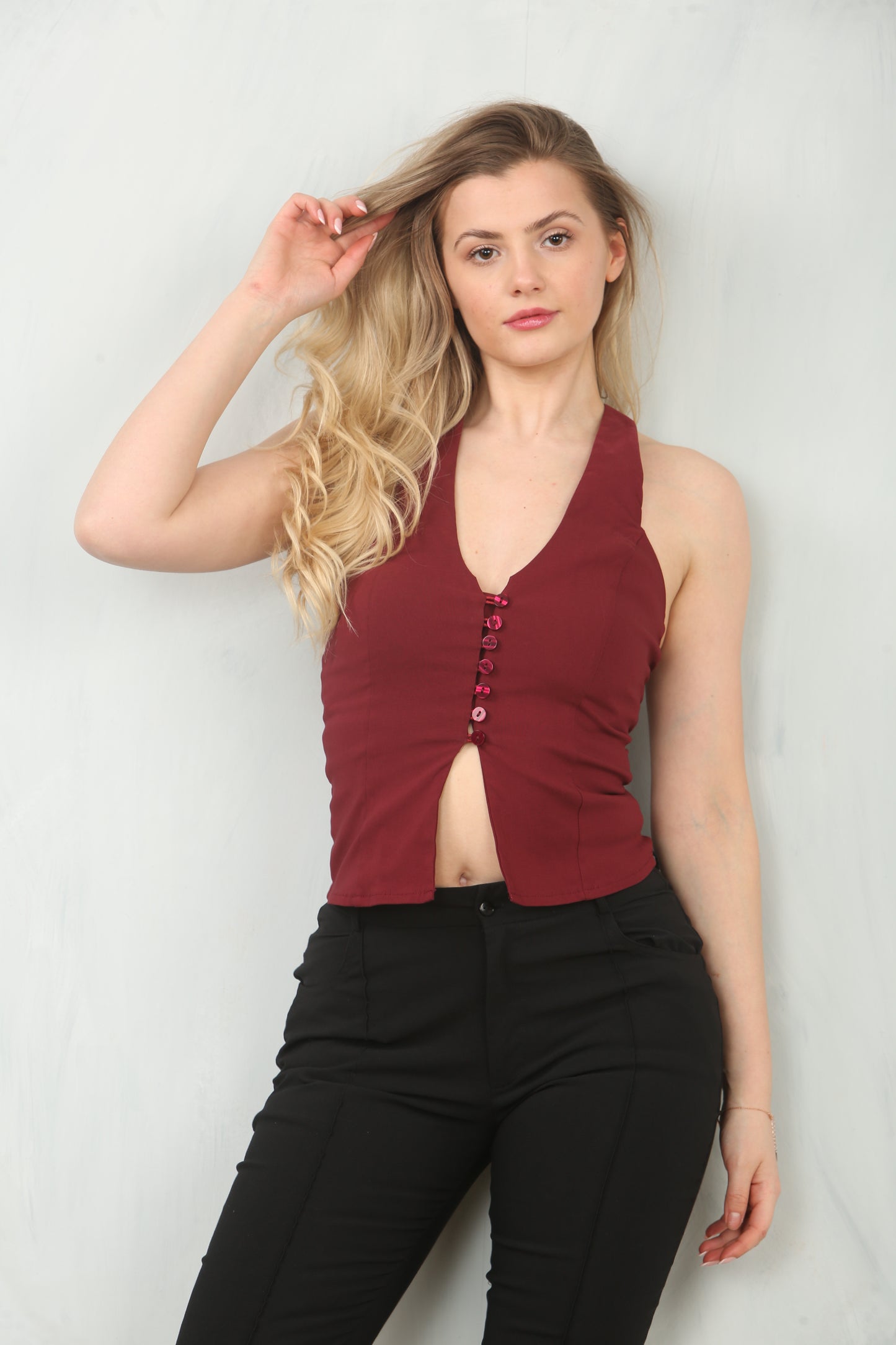 Bold Wine Color Halter Neck Top