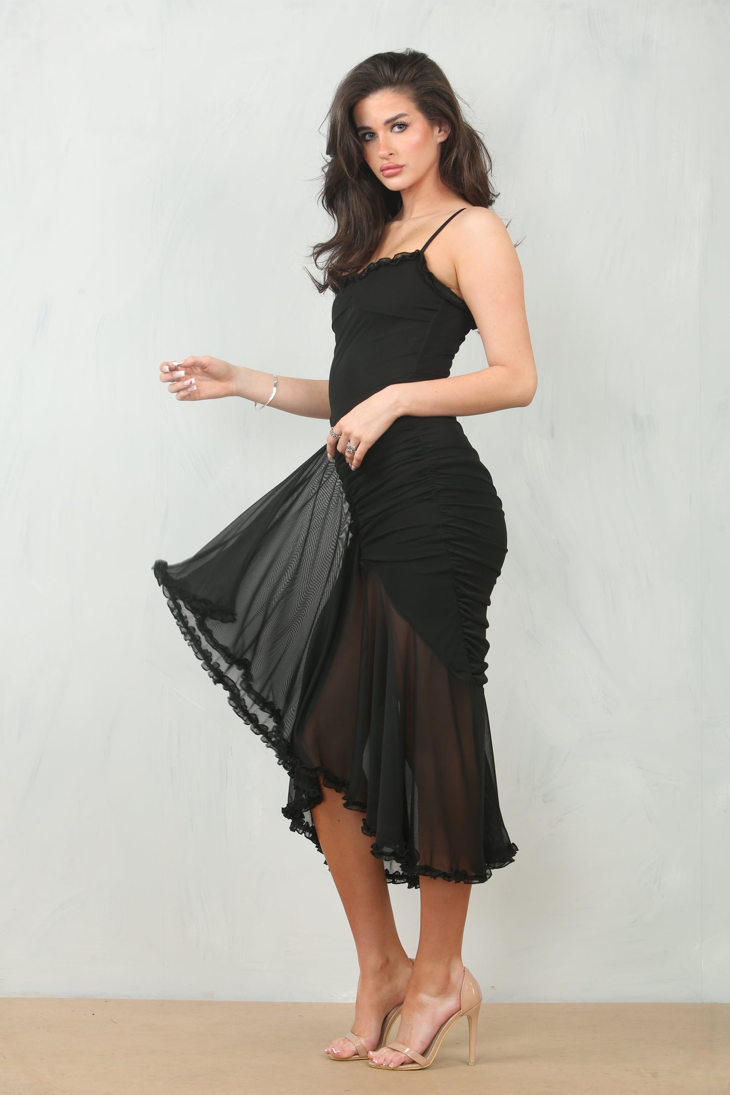 Ruched Black Mesh Dress