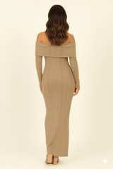 Folded Bardot Neckline Ribbed Knit Off Shoulder Dress