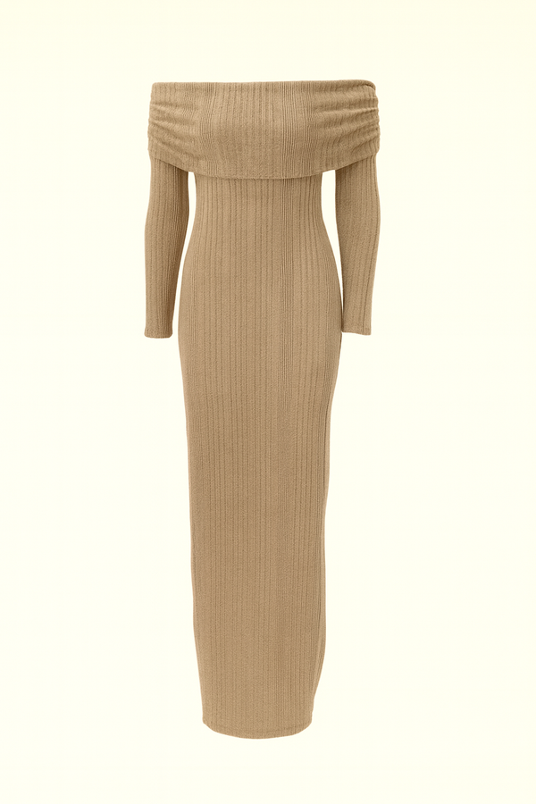 Folded Bardot Neckline Ribbed Knit Off Shoulder Dress