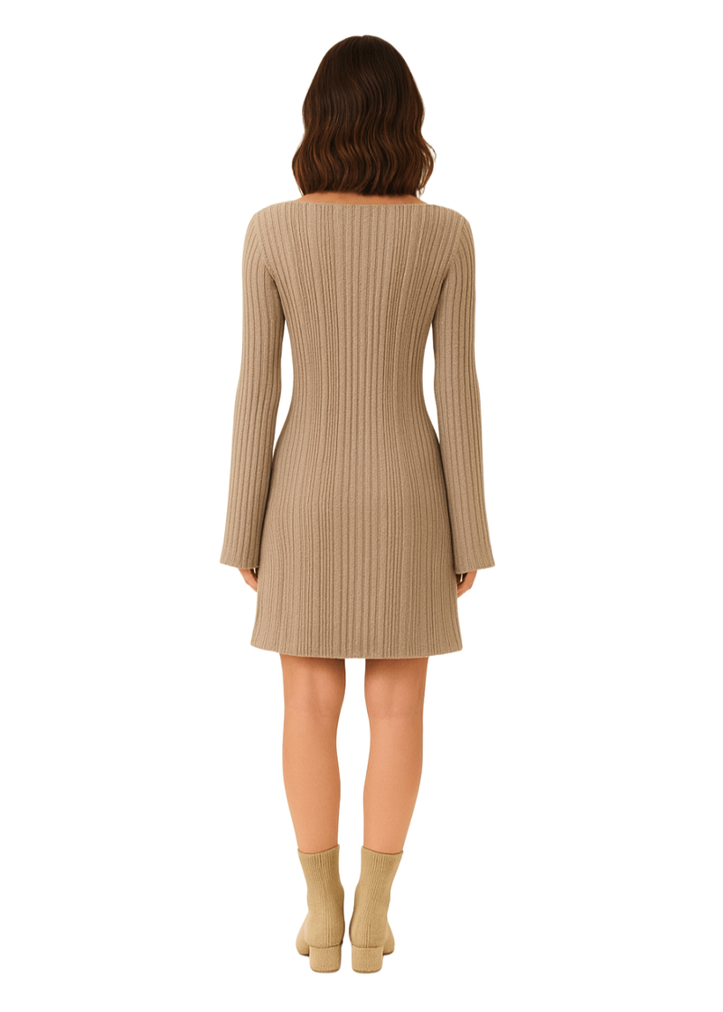 Beige Boat Neck Casual Ribbed Knit Bodycon Mini Dress