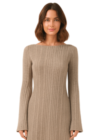 Beige Boat Neck Casual Ribbed Knit Bodycon Mini Dress