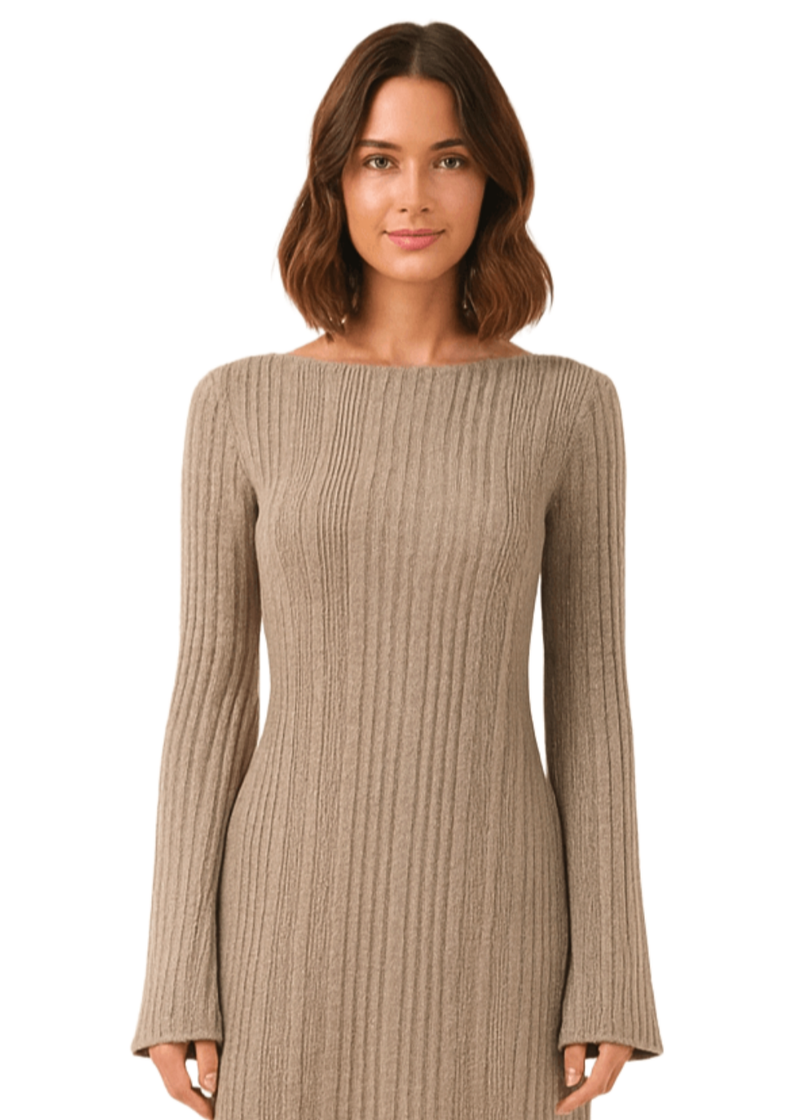 Beige Boat Neck Casual Ribbed Knit Bodycon Mini Dress