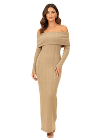 Beige Folded Bardot Neckline Ribbed Knit Off Shoulder Dress