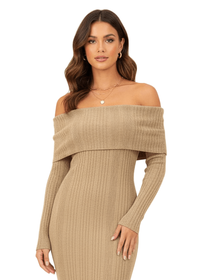 Beige Folded Bardot Neckline Ribbed Knit Off Shoulder Dress