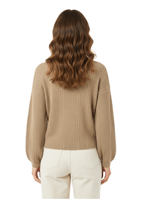 Beige Lightweight Classic Front Button Ribbed V-Neck Top