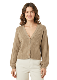 Beige Lightweight Classic Front Button Ribbed V-Neck Top