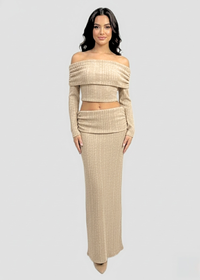 Beige Off-Shoulder Melange Brush Knitted Co-ord Set