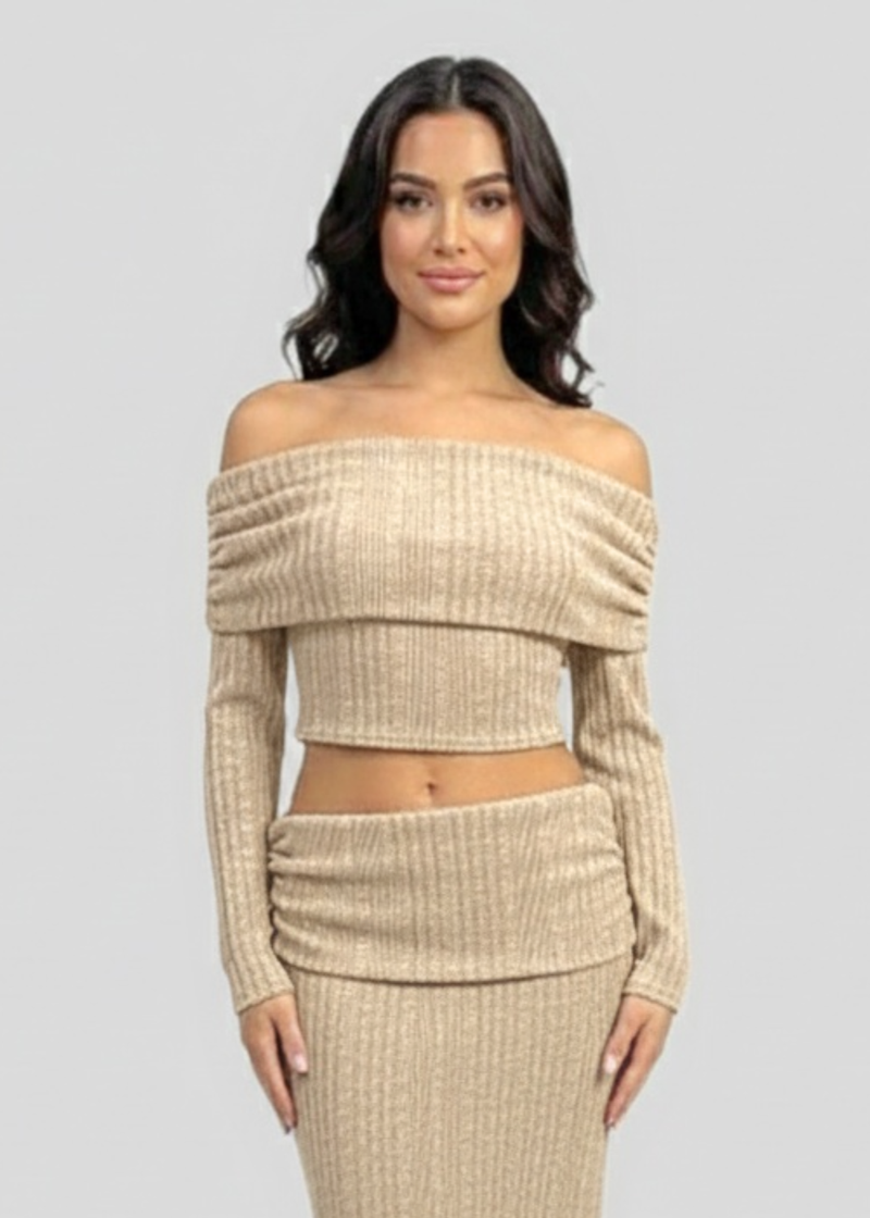 Beige Off-Shoulder Melange Brush Knitted Co-ord Set
