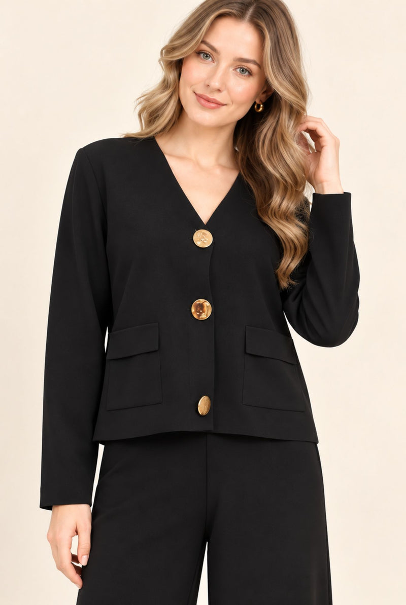 Black Blazer Style Top & Wide Leg Trousers Co-Ord Set