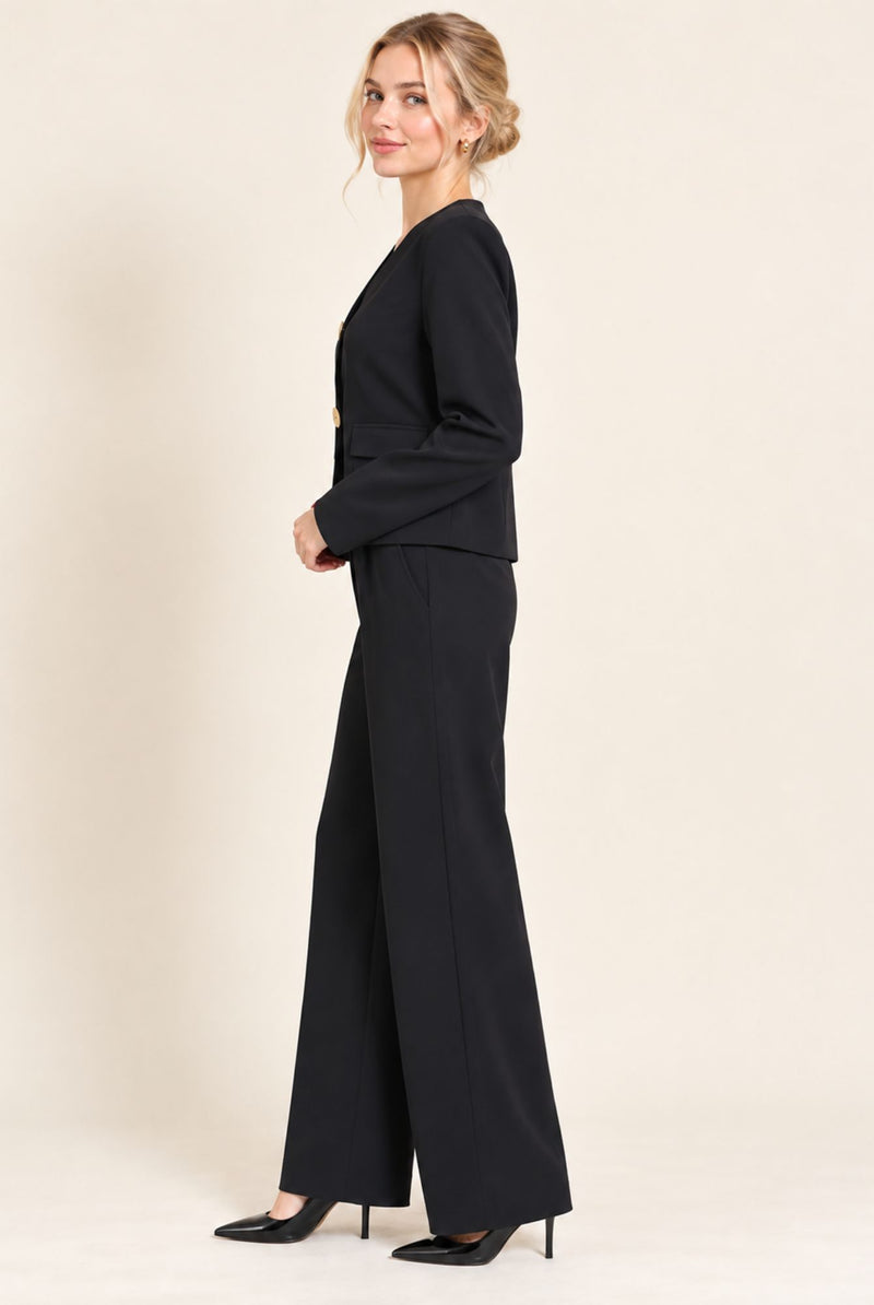 Black Blazer Style Top & Wide Leg Trousers Co-Ord Set