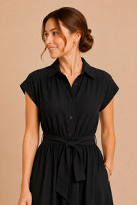 Black Button Front Tie Waist Midi Shirt Dress