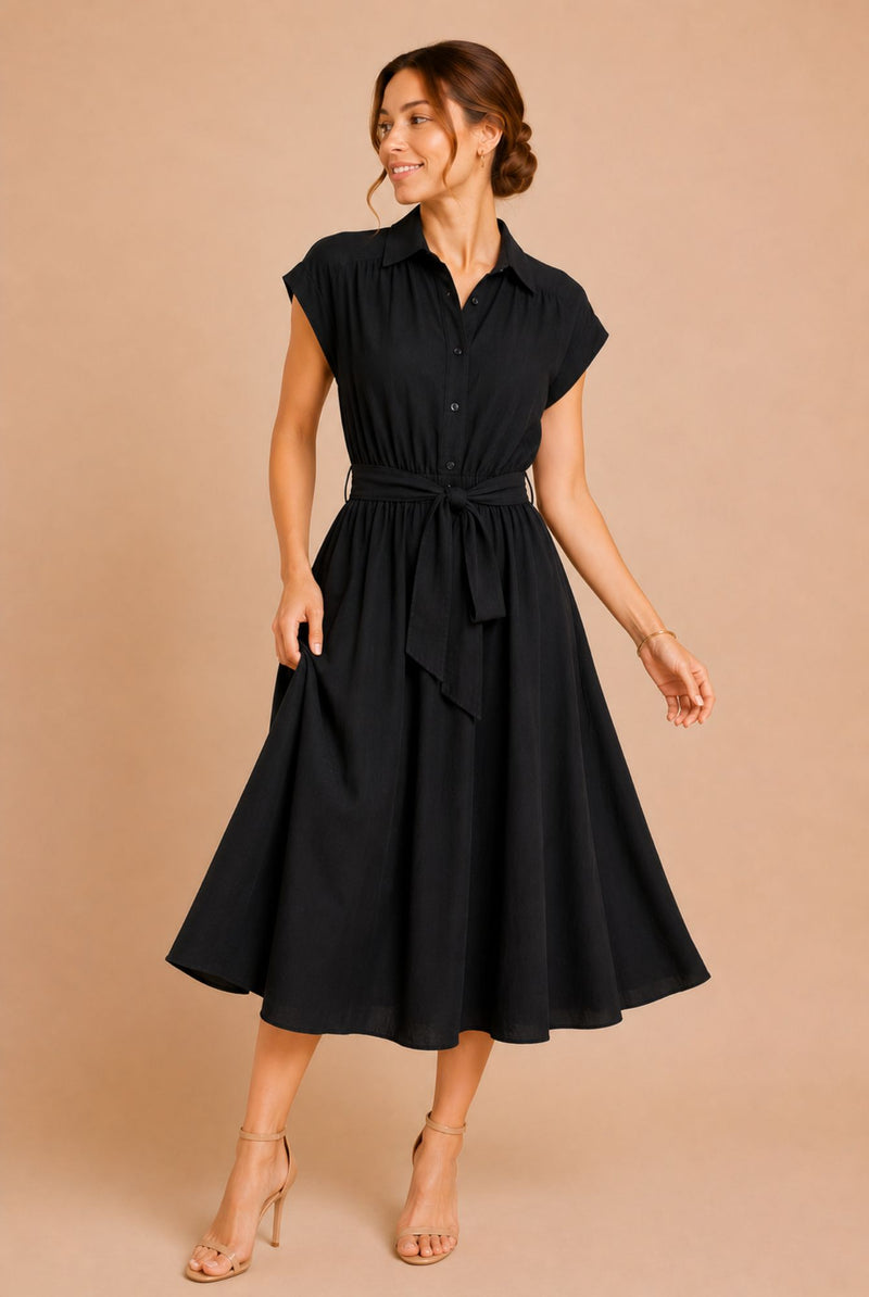 Black Button Front Tie Waist Midi Shirt Dress