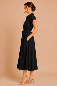Black Button Front Tie Waist Midi Shirt Dress