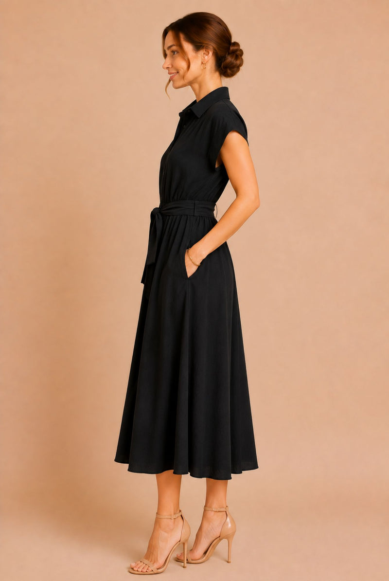 Black Button Front Tie Waist Midi Shirt Dress