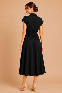 Black Button Front Tie Waist Midi Shirt Dress