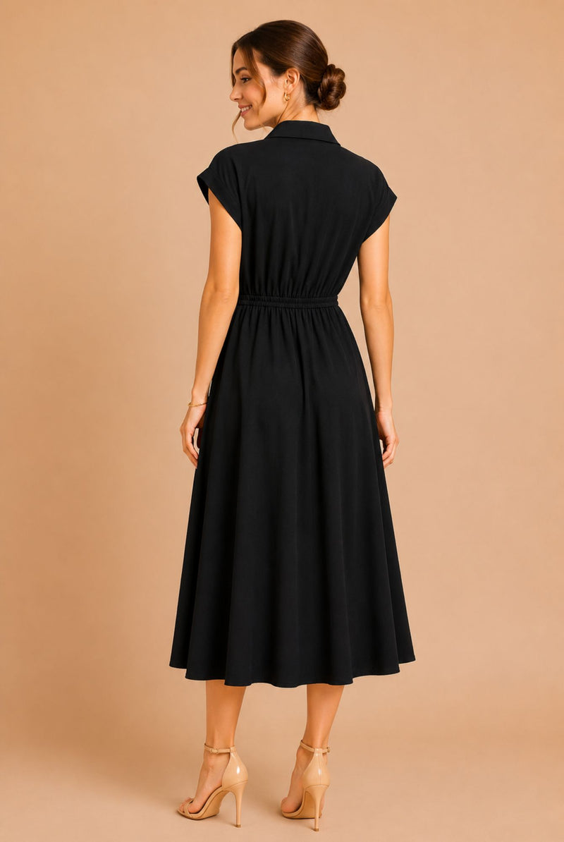 Black Button Front Tie Waist Midi Shirt Dress