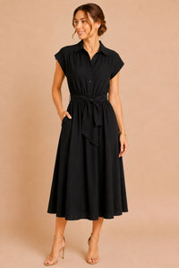 Black Button Front Tie Waist Midi Shirt Dress
