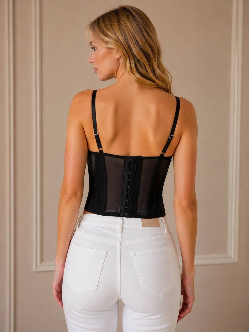Black Lace Mesh Corset Top With Adjustable Straps