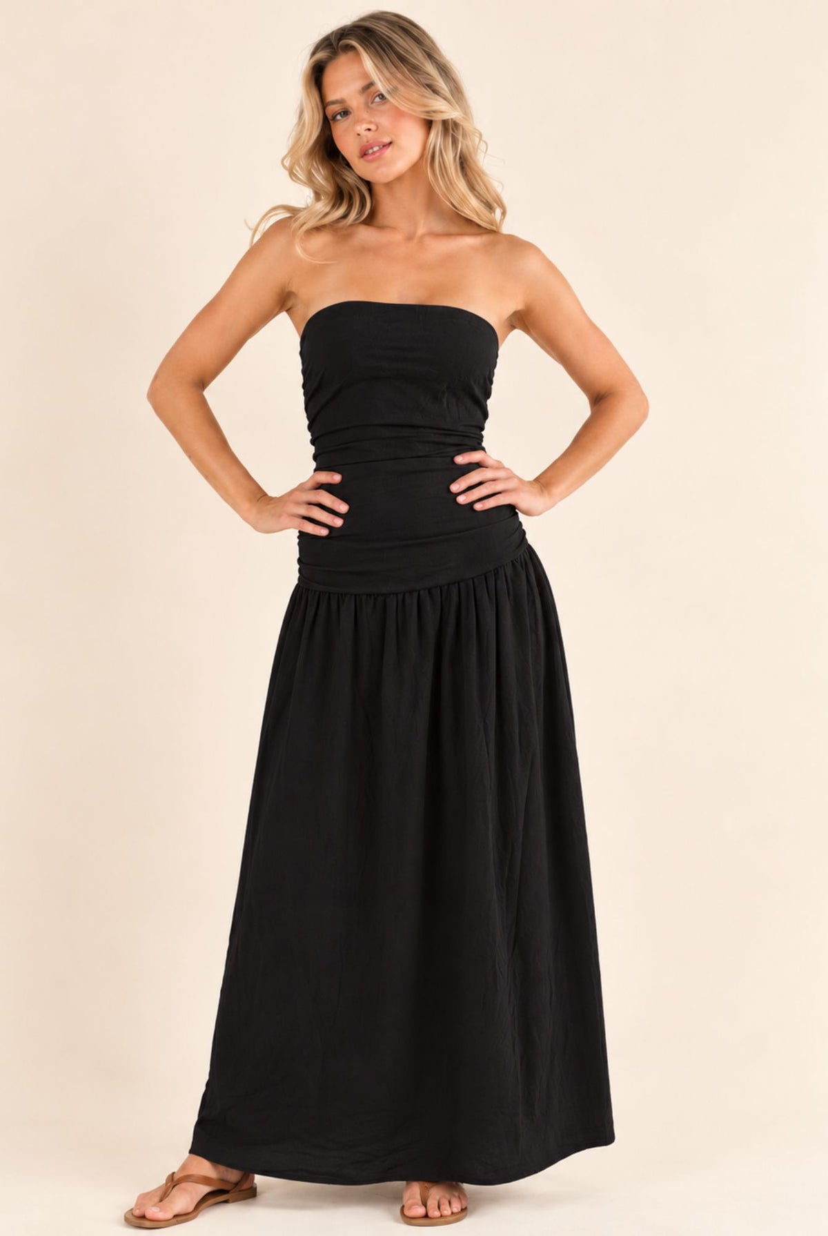 Black Strapless Ruched Waist Maxi Dress