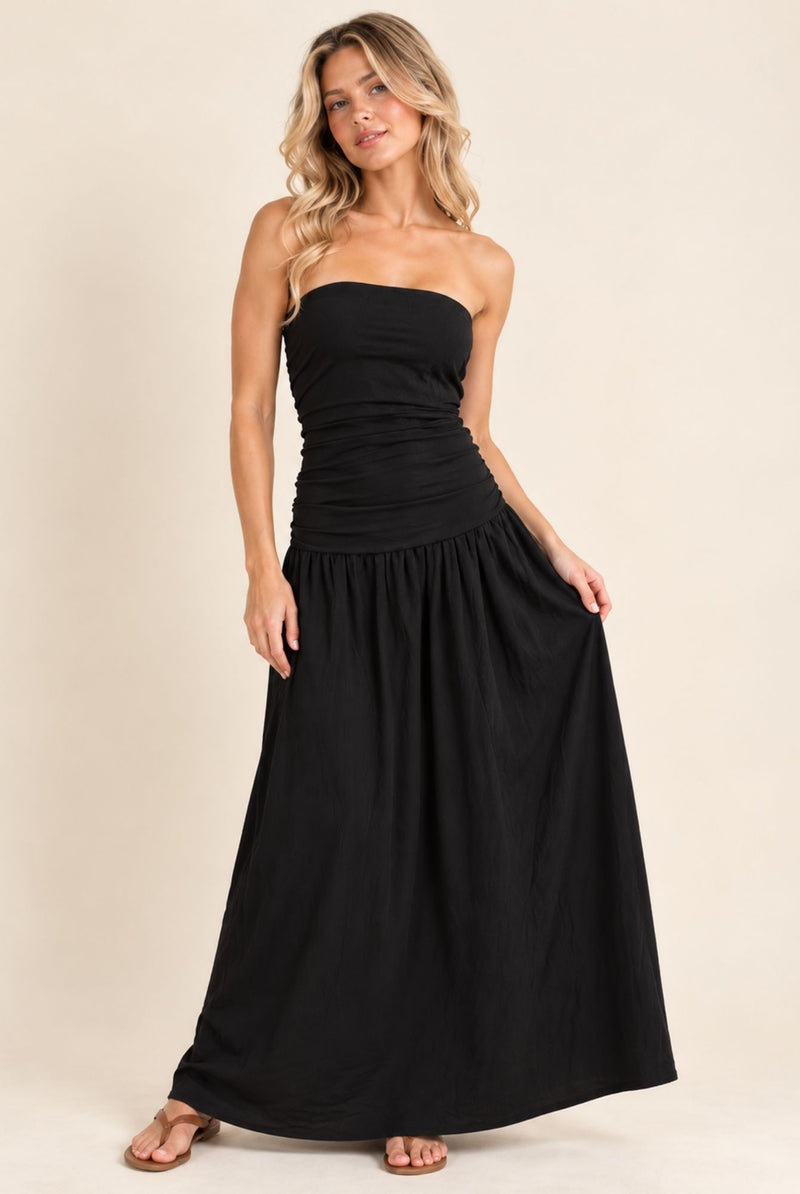 Black Strapless Ruched Waist Maxi Dress