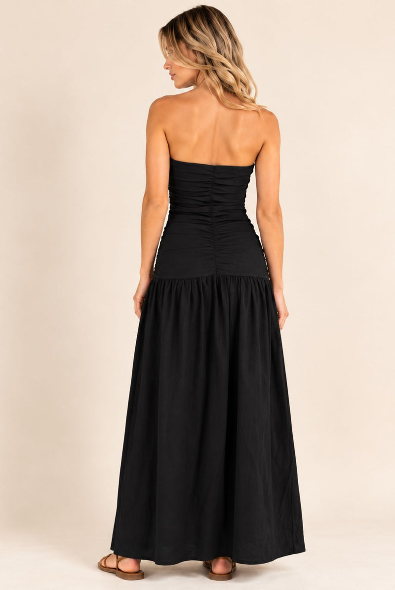 Black Strapless Ruched Waist Maxi Dress