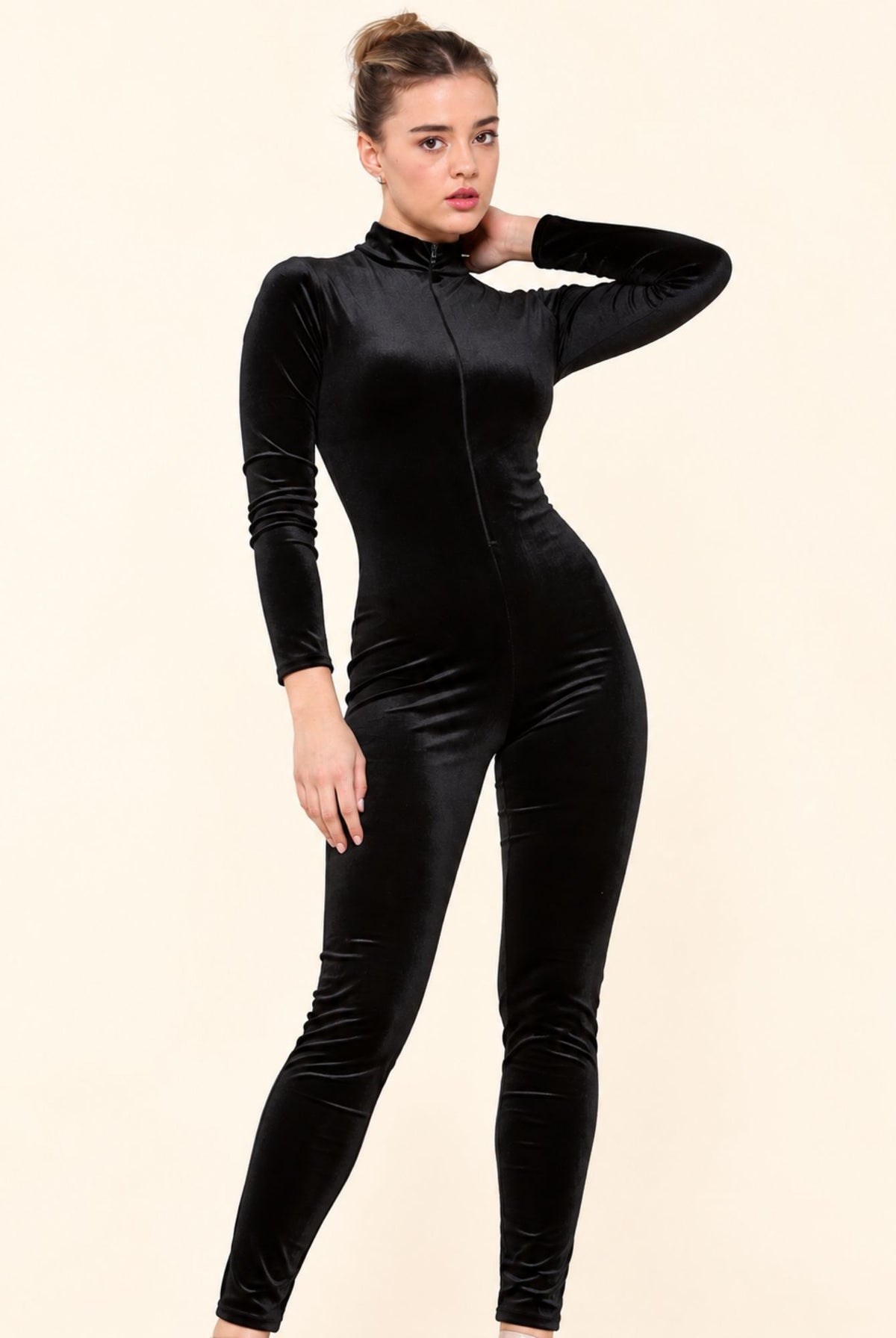 Black Velvet High Neck Long Sleeve Jumpsuit