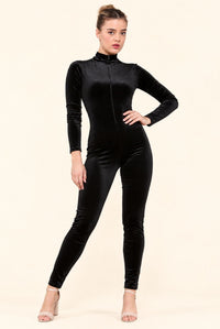 Black Velvet High Neck Long Sleeve Jumpsuit