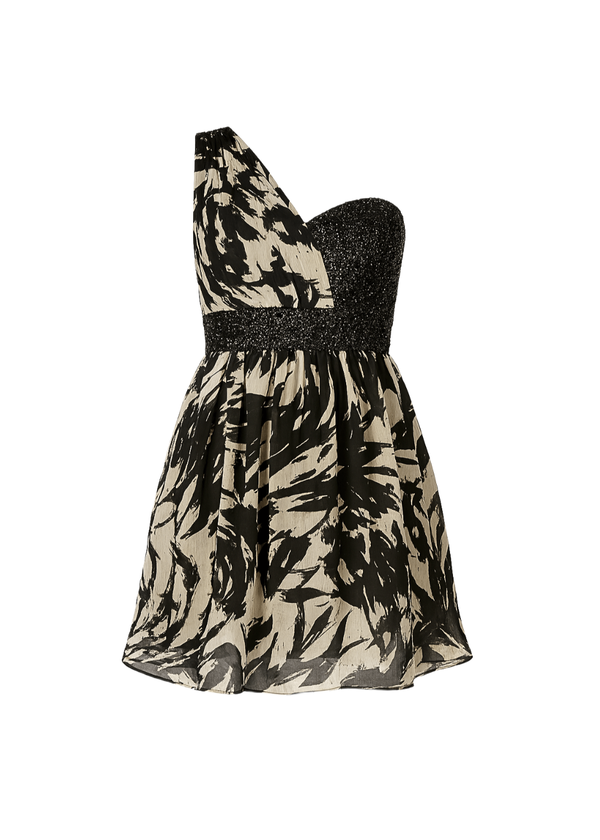 Black Beige Chiffon One Shoulder Evening Style Mini Dress