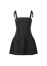 Black Button-Down Strap Mini Dress Bodice & Flared Hem