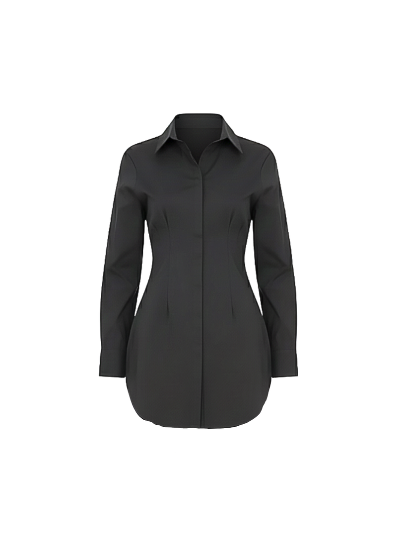 Black Classic Shirt Mini Dress Button Down Long Sleeve Fitted Style