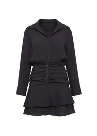 Black Collared Long Sleeve Button Up Frill Mini Dress