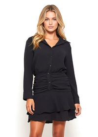 Black Collared Long Sleeve Button Up Frill Mini Dress