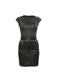 Black Cowl Neck Satin Short Sleeve Belted Mini Dress