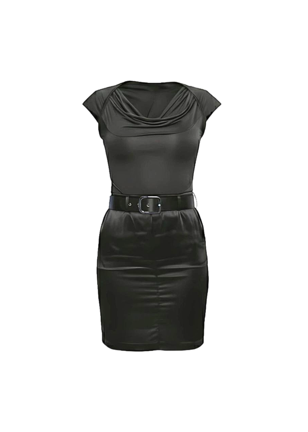 Black Cowl Neck Satin Short Sleeve Belted Mini Dress