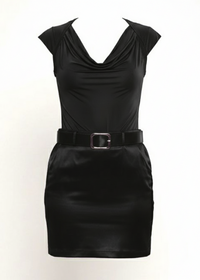 Black Cowl Neck Satin Short Sleeve Belted Mini Dress
