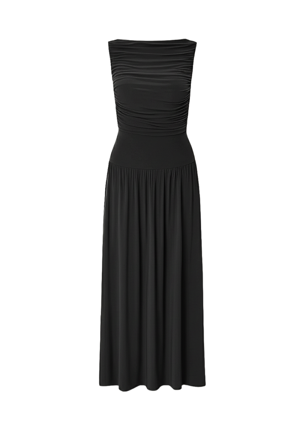 Black Draped Bodice Jersey Flowy Skirt Style Evening Dress