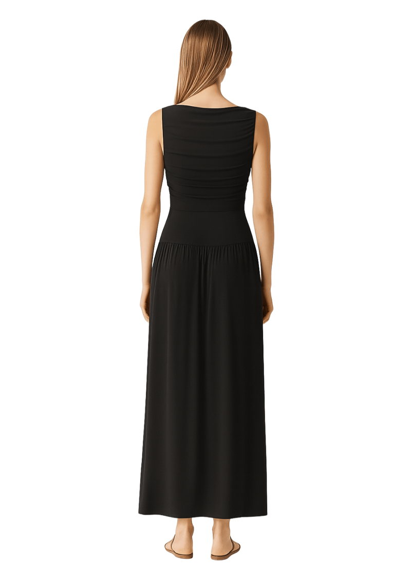 Black Draped Bodice Jersey Flowy Skirt Style Evening Dress