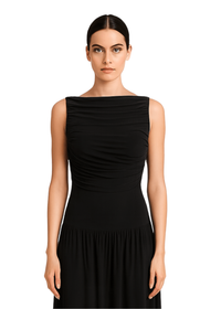Black Draped Bodice Jersey Flowy Skirt Style Evening Dress