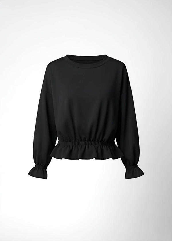 Black Elastic Wrist and Waist Flared Detail Peplum Top