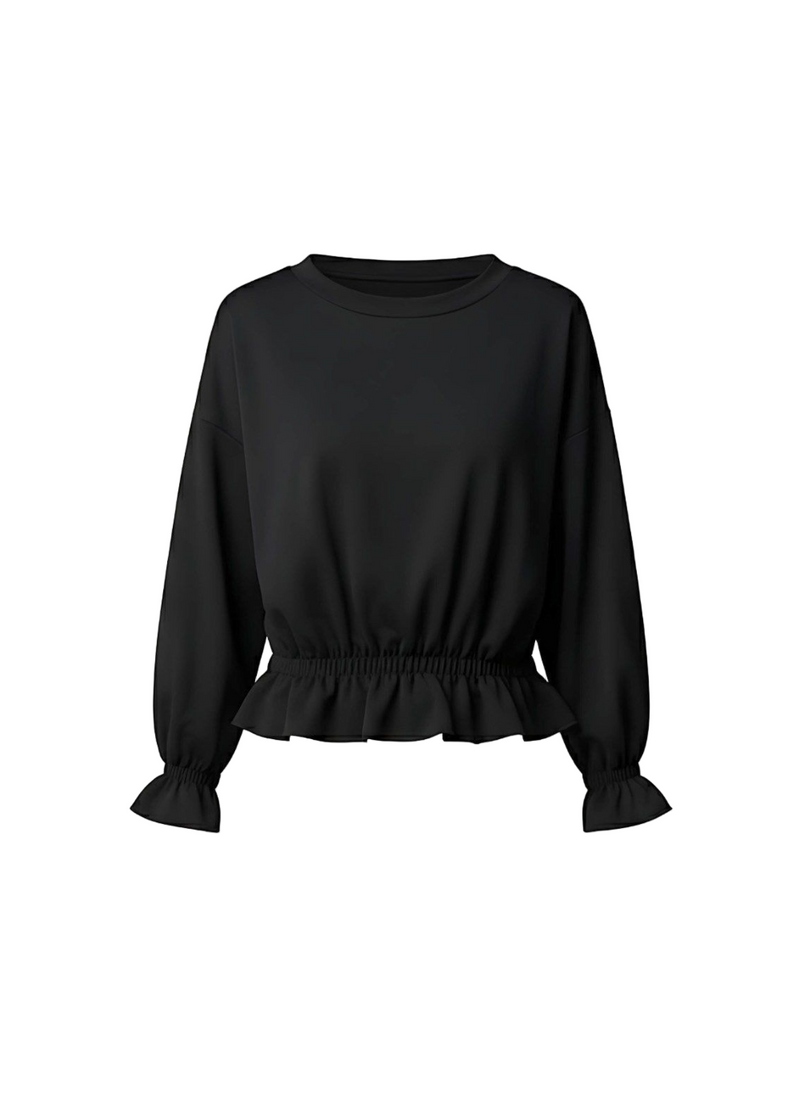 Black Elastic Wrist and Waist Flared Detail Peplum Top