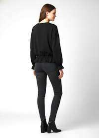 Black Elastic Wrist and Waist Flared Detail Peplum Top