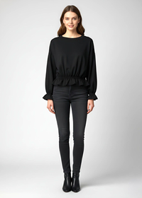 Black Elastic Wrist and Waist Flared Detail Peplum Top