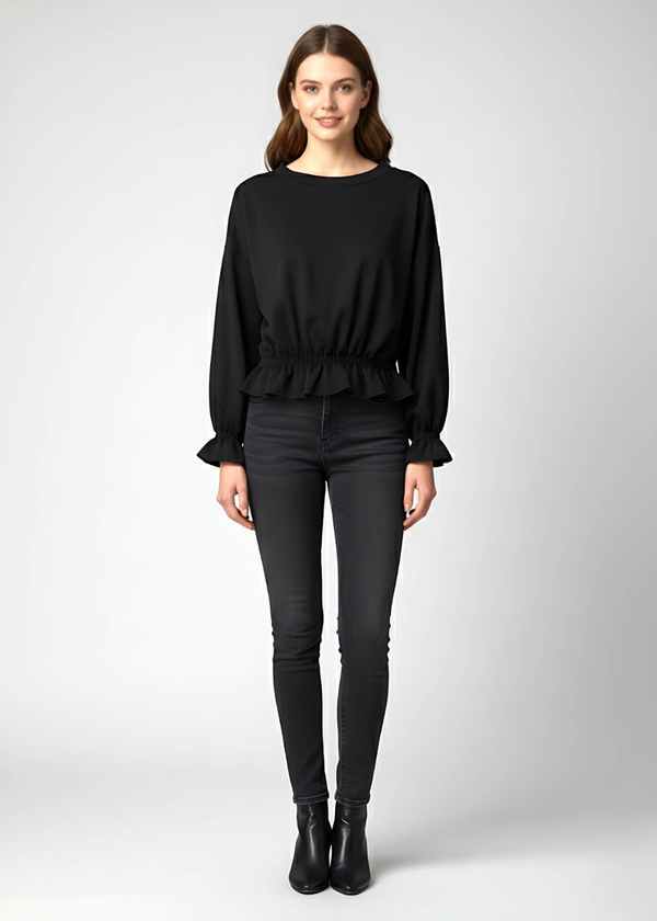 Black Elastic Wrist and Waist Flared Detail Peplum Top